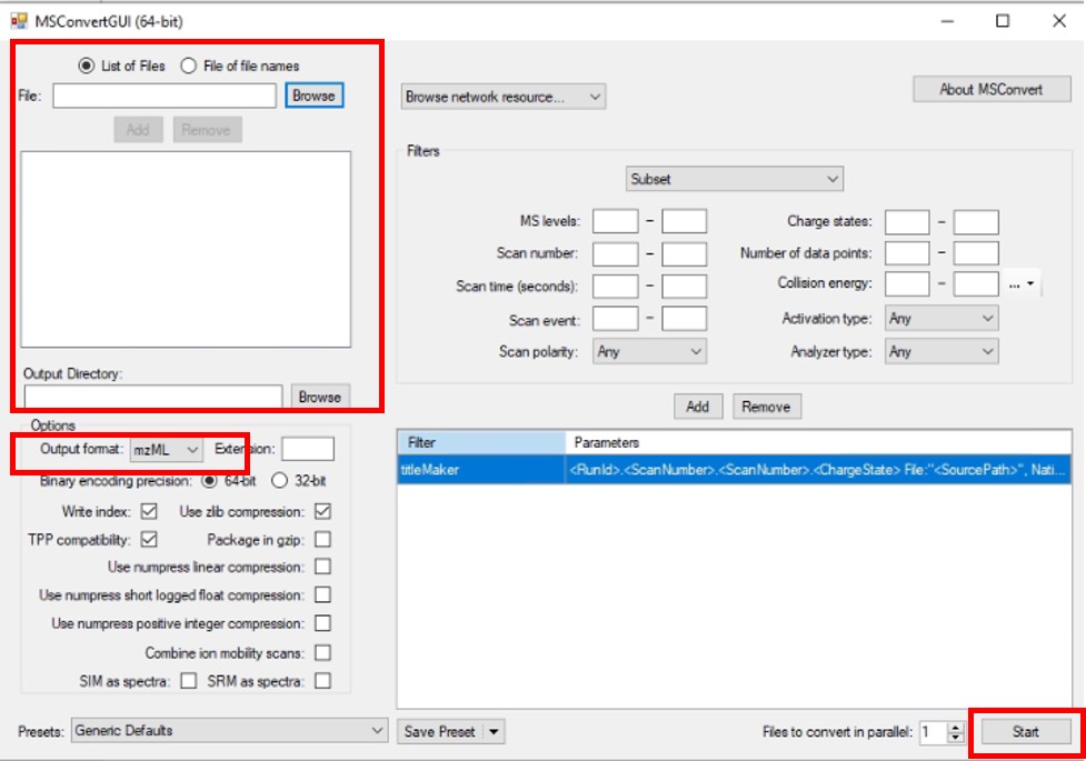 MSConvertGUI settings for conversion to mzML